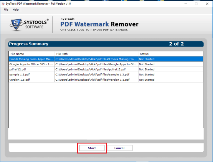 Start process to delete watermark from PDF
