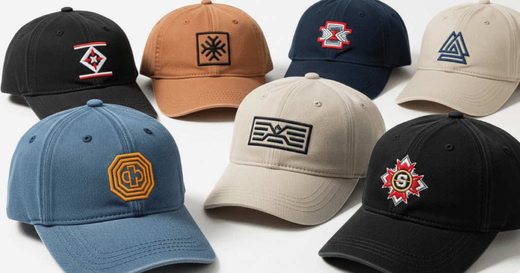 Embroidered caps produced with digitized artwork featuring bold, clean stitching.