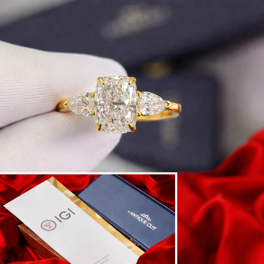 Cushion cut lab grown diamond ring with pear side stones in yellow gold setting