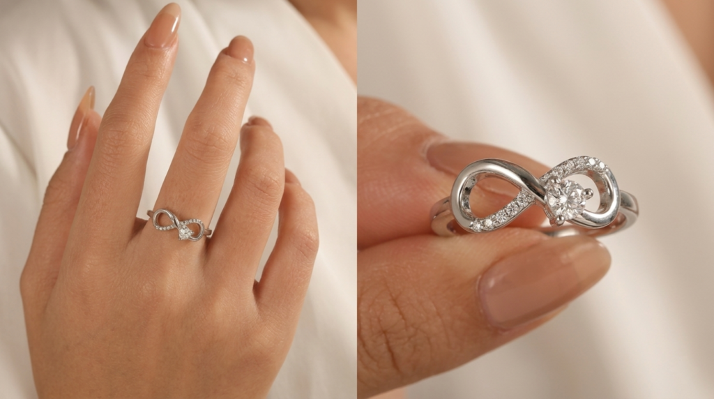 Close-up of a white gold infinity ring with a round diamond center and pavé accents, shown on a woman’s finger and in hand detail photography.