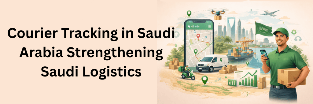 Courier tracking system strengthening Saudi logistics with delivery van, cargo ship, drone, growth analytics chart, and real-time shipment tracking mobile interface