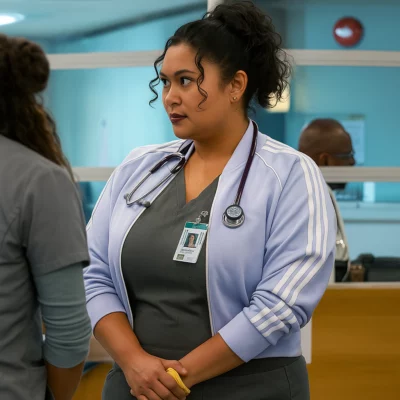 Aury Krebs Brilliant Minds Season 2 purple fleece jacket with ribbed collar and front zipper closure